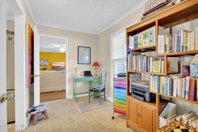 office area featuring baseboards, ornamental molding, and a textured ceiling