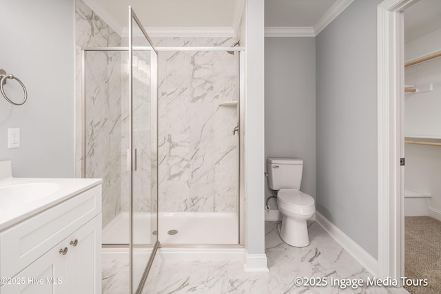 1200 Hunley Ct, Winterville, NC 28590 - bathroom with toilet, marble finish floor, ornamental molding, and a marble finish shower