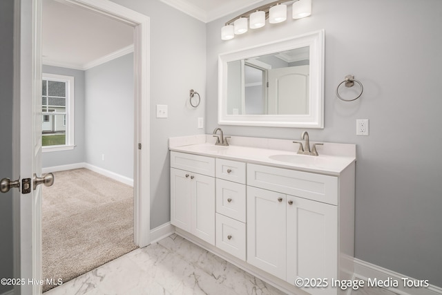 1200 Hunley Ct, Winterville, NC 28590 - bathroom with crown molding, marble finish floor, a sink, double vanity, and baseboards