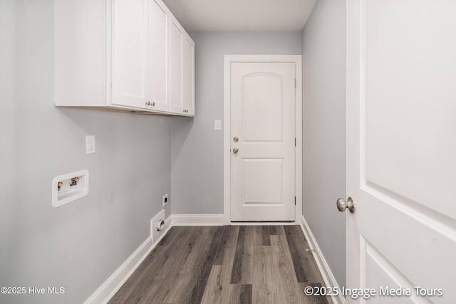 1200 Hunley Ct, Winterville, NC 28590 - laundry area featuring electric dryer hookup, baseboards, cabinet space, hookup for a washing machine, and dark wood finished floors