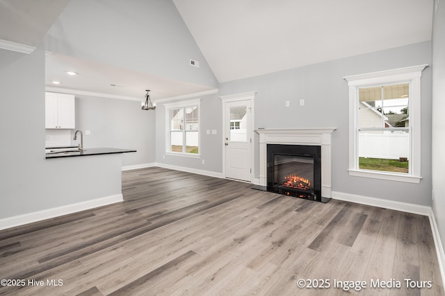 1200 Hunley Ct, Winterville, NC 28590 - unfurnished living room featuring baseboards, wood finished floors, a chandelier, and a glass covered fireplace