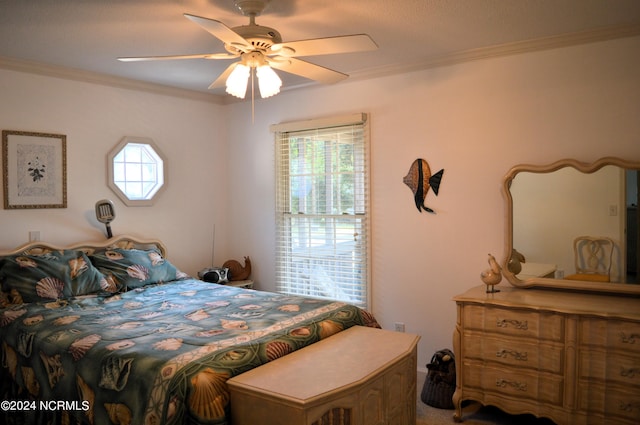 bedroom with multiple windows, ornamental molding, and ceiling fan