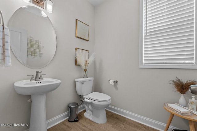 bathroom with wood-type flooring, toilet, and sink