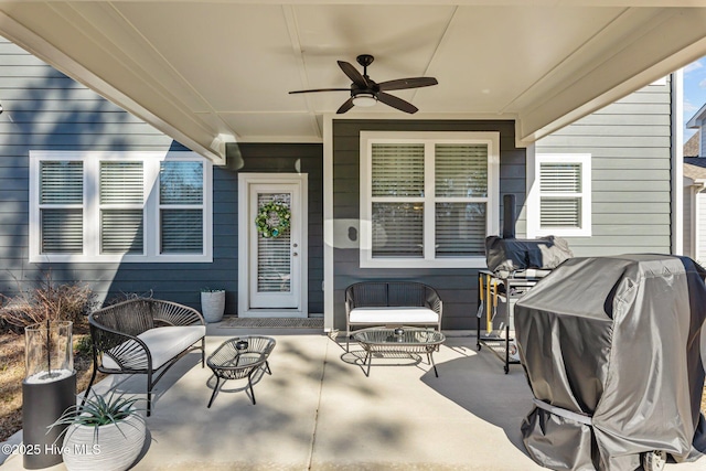 view of patio / terrace with an outdoor hangout area, ceiling fan, and grilling area