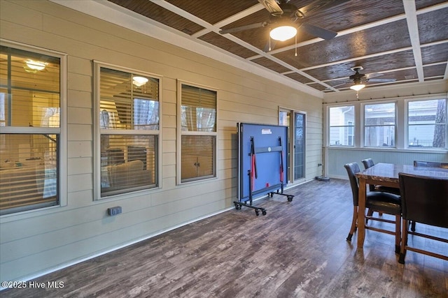 dining space with ceiling fan, wooden ceiling, wood walls, coffered ceiling, and wood finished floors