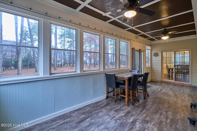 sunroom with plenty of natural light, coffered ceiling, and a ceiling fan