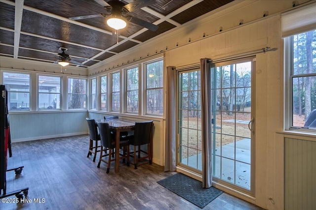 sunroom featuring coffered ceiling and ceiling fan