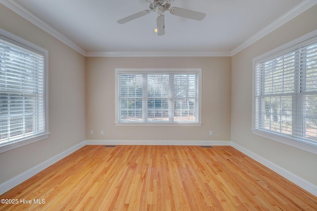 empty room featuring light wood-style floors, plenty of natural light, and baseboards