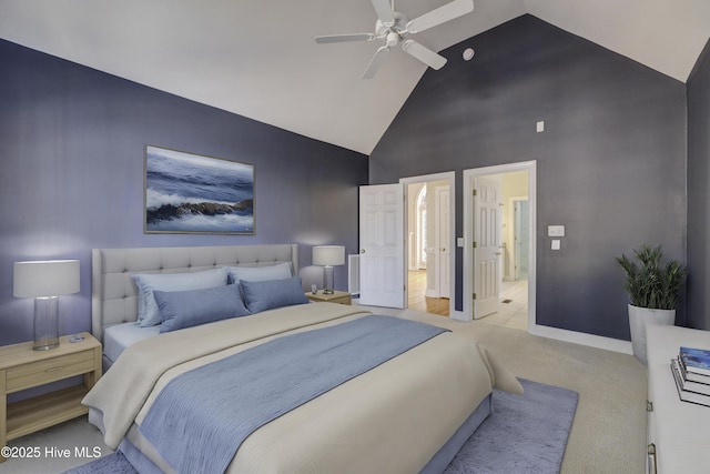 bedroom featuring high vaulted ceiling, carpet, baseboards, and a ceiling fan