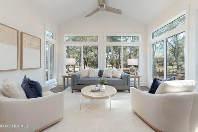 sunroom / solarium featuring ceiling fan and lofted ceiling with beams