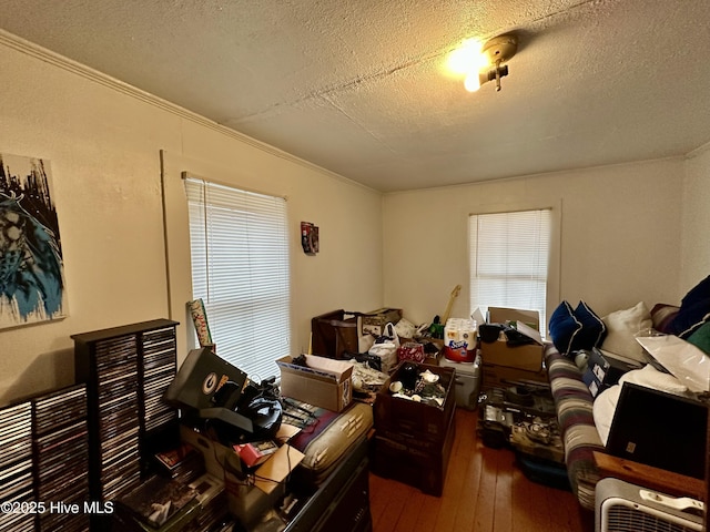 office space with dark hardwood / wood-style flooring, ornamental molding, and a textured ceiling