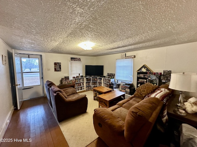 living room featuring hardwood / wood-style flooring and a textured ceiling