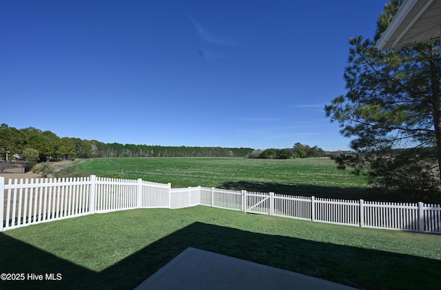 view of yard featuring a rural view and a fenced backyard