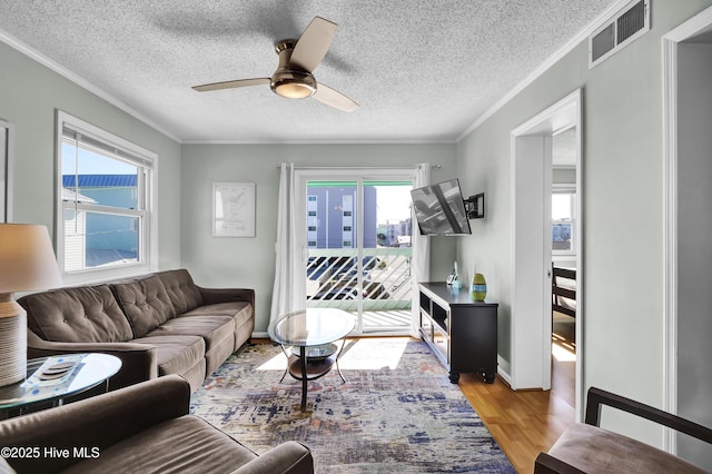 living area with visible vents, ornamental molding, ceiling fan, a textured ceiling, and wood finished floors