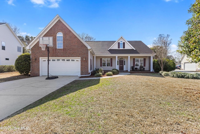 view of front facade featuring a front lawn, a porch, concrete driveway, and brick siding