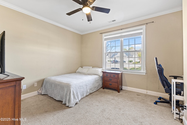 bedroom with light colored carpet, visible vents, and crown molding