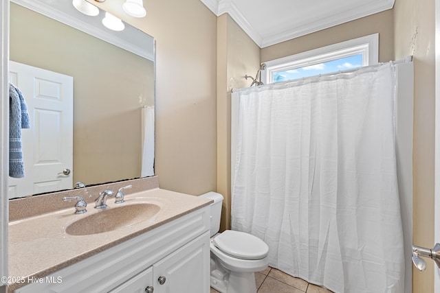 bathroom featuring crown molding, curtained shower, toilet, vanity, and tile patterned flooring