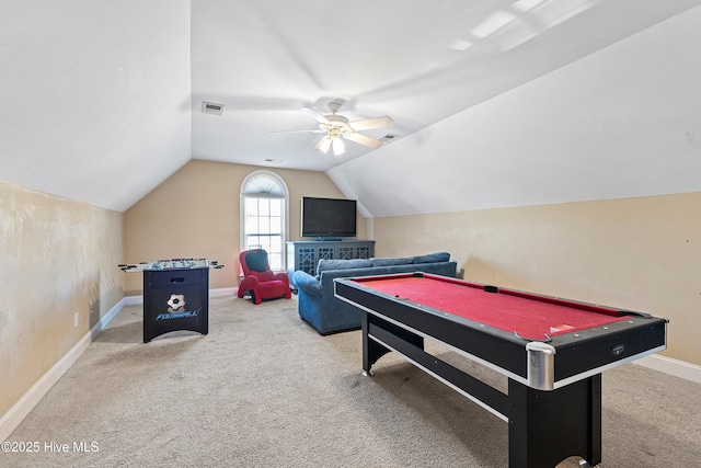 recreation room featuring vaulted ceiling, carpet, visible vents, and baseboards