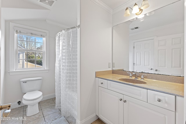 bathroom with visible vents, crown molding, vanity, and tile patterned floors