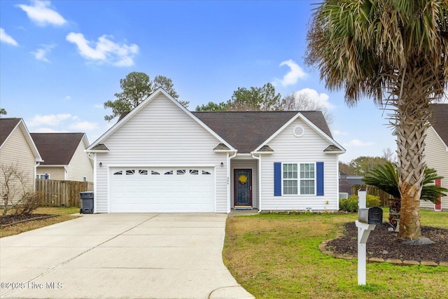 ranch-style house featuring a garage and a front yard