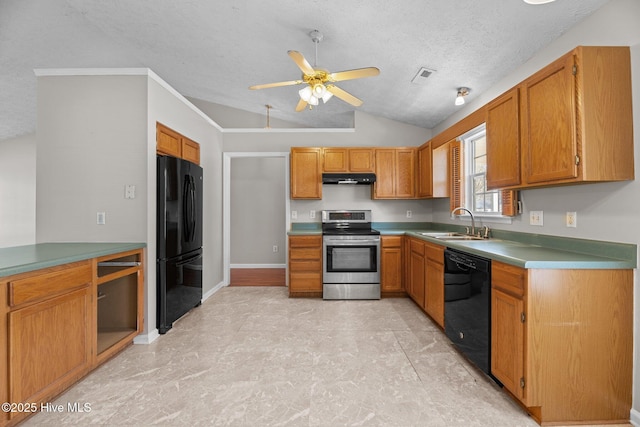 kitchen featuring a textured ceiling, black appliances, lofted ceiling, ceiling fan, and sink