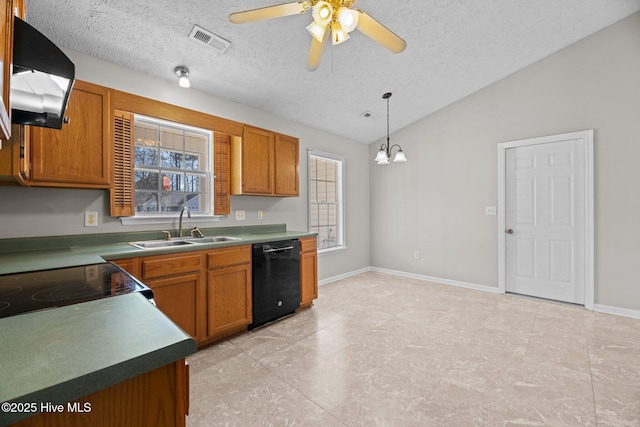 kitchen featuring lofted ceiling, hanging light fixtures, black dishwasher, ventilation hood, and sink