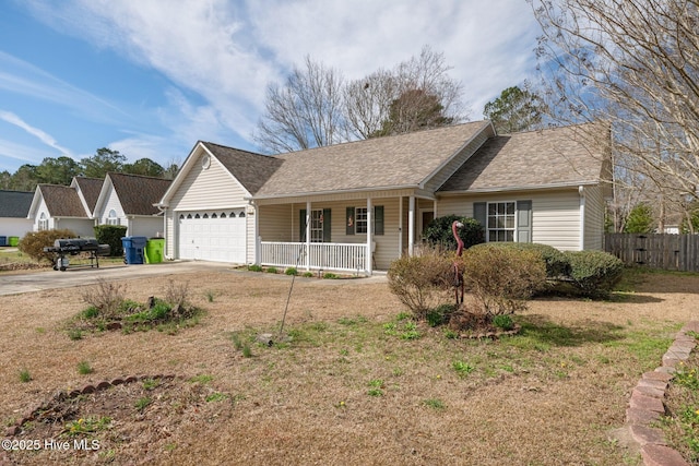 ranch-style home featuring a garage and a porch