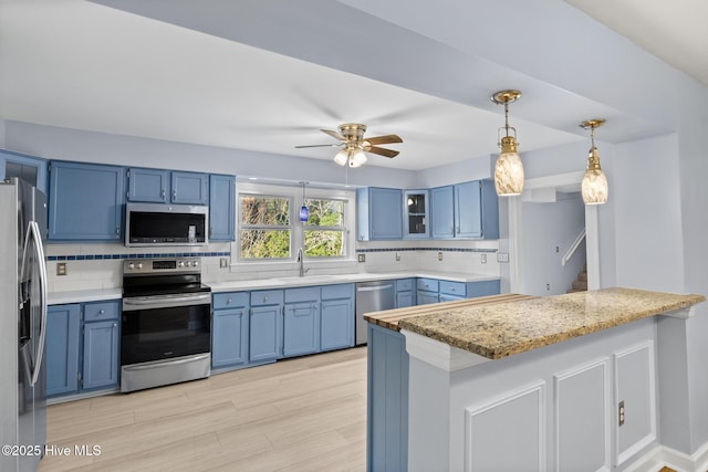 kitchen with appliances with stainless steel finishes, tasteful backsplash, blue cabinets, sink, and kitchen peninsula