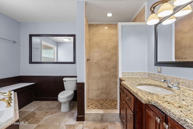 bathroom featuring vanity, tiled shower, and toilet