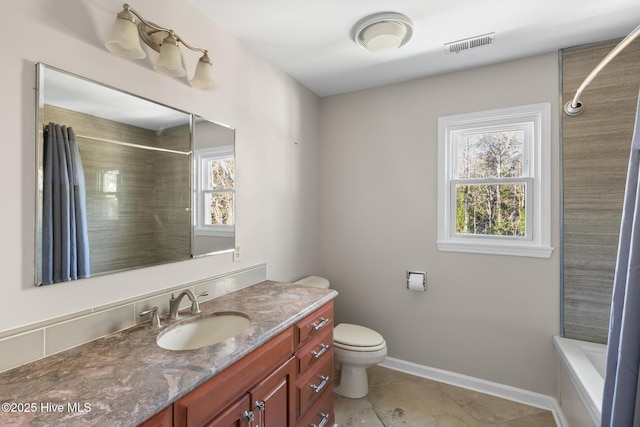 full bathroom with plenty of natural light, vanity, toilet, and shower / bath combination with curtain