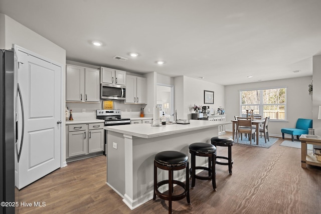 kitchen with gray cabinets, appliances with stainless steel finishes, dark hardwood / wood-style floors, a breakfast bar area, and a center island with sink