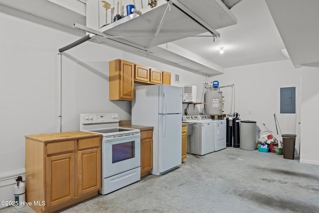 kitchen with electric panel, light countertops, electric water heater, washing machine and clothes dryer, and white appliances