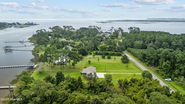 drone / aerial view featuring a water view