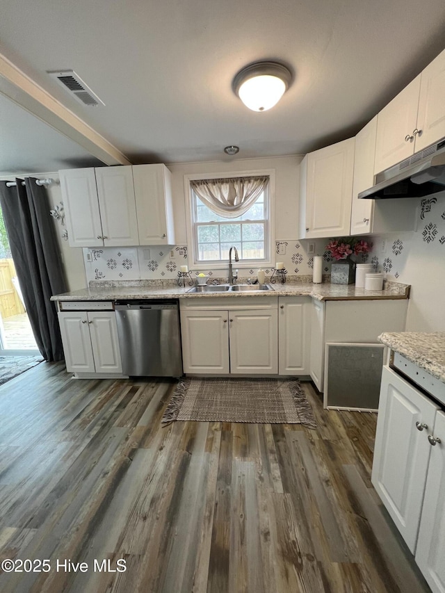 kitchen with tasteful backsplash, dishwasher, sink, and white cabinets