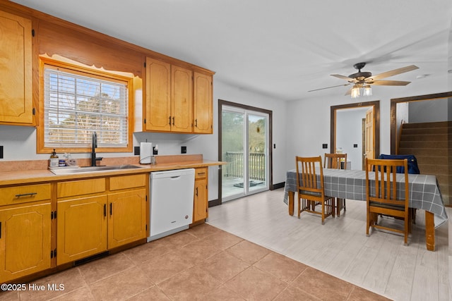 kitchen with a sink, a healthy amount of sunlight, light countertops, and white dishwasher