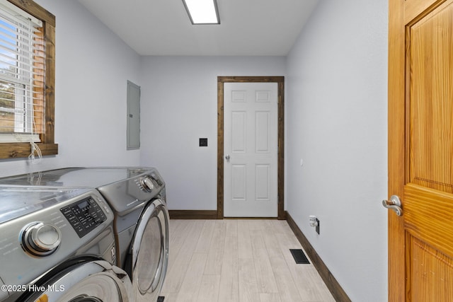 laundry area featuring baseboards, light wood finished floors, laundry area, electric panel, and washing machine and dryer