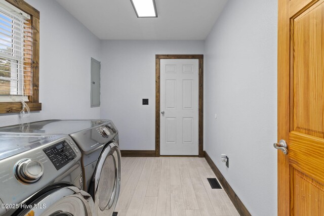 laundry area with baseboards, washing machine and clothes dryer, laundry area, light wood-style flooring, and electric panel