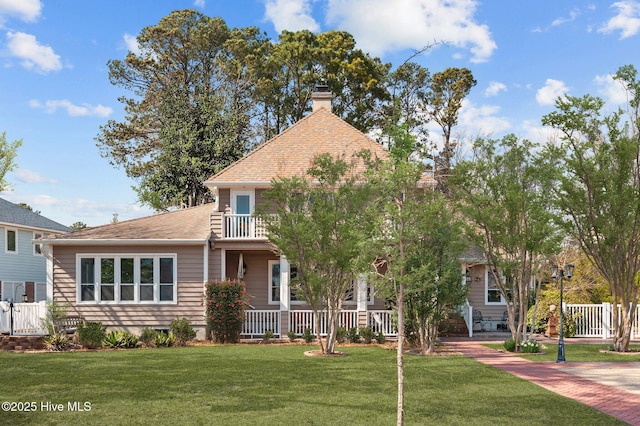 view of front of house with a front yard, covered porch, roof with shingles, and a chimney