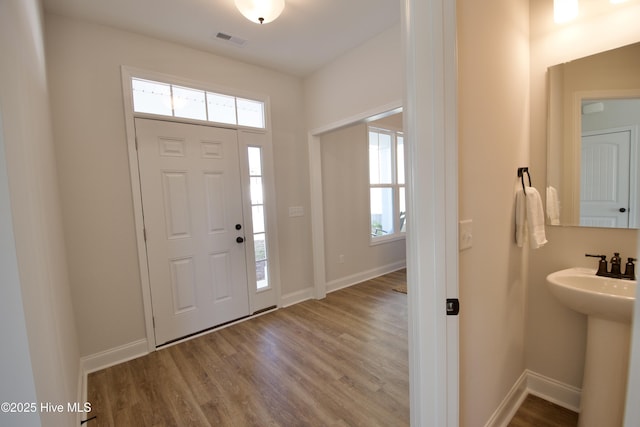 entrance foyer with wood-type flooring and sink