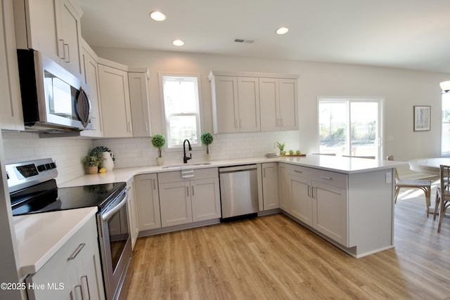 kitchen with sink, stainless steel appliances, decorative backsplash, kitchen peninsula, and light wood-type flooring