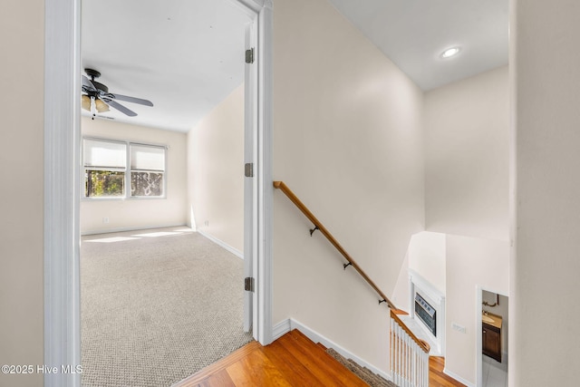 stairs with carpet floors and ceiling fan