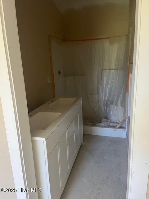 101 Mill Creek Rd, Edenton, NC 27932 - full bath featuring unfinished concrete floors, a shower, and vanity