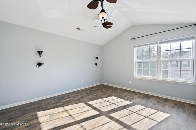 6507 Rustling Leaves Way, Wilmington, NC 28409 - unfurnished room with ceiling fan, dark wood finished floors, lofted ceiling, and baseboards