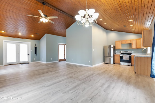 kitchen featuring light wood-type flooring, ceiling fan with notable chandelier, stainless steel appliances, high vaulted ceiling, and wood ceiling