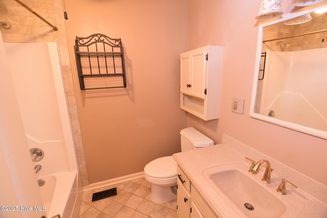 bathroom with vanity, bathing tub / shower combination, tile patterned flooring, toilet, and visible vents