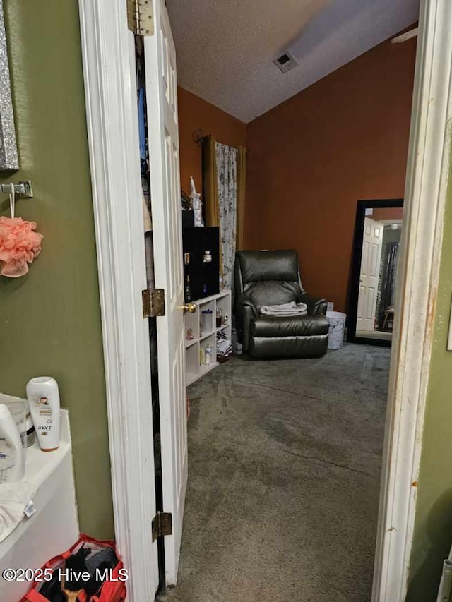 sitting room with lofted ceiling, carpet flooring, and a textured ceiling