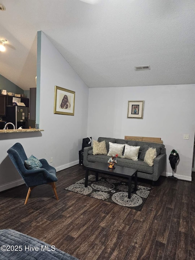 living room featuring lofted ceiling, dark hardwood / wood-style floors, and a textured ceiling