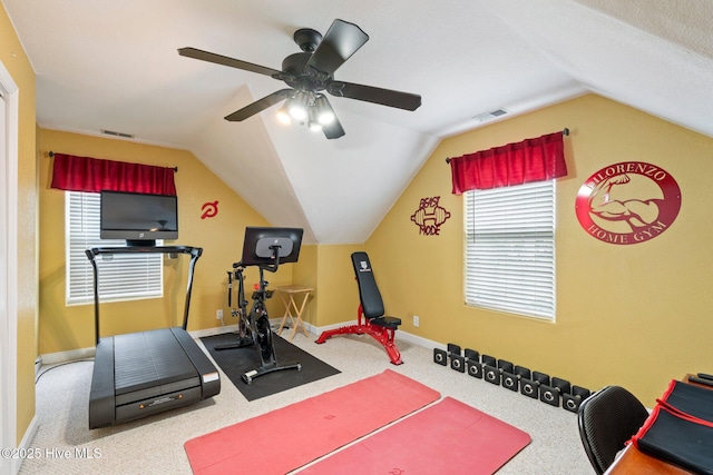 exercise area featuring lofted ceiling, baseboards, visible vents, and carpet flooring