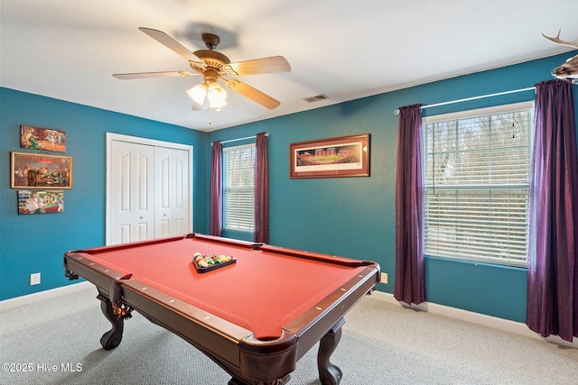 rec room with baseboards, pool table, visible vents, and light colored carpet