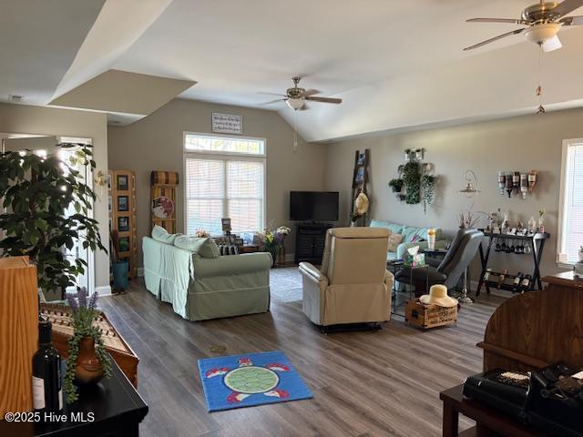 living room featuring vaulted ceiling, dark hardwood / wood-style floors, and ceiling fan